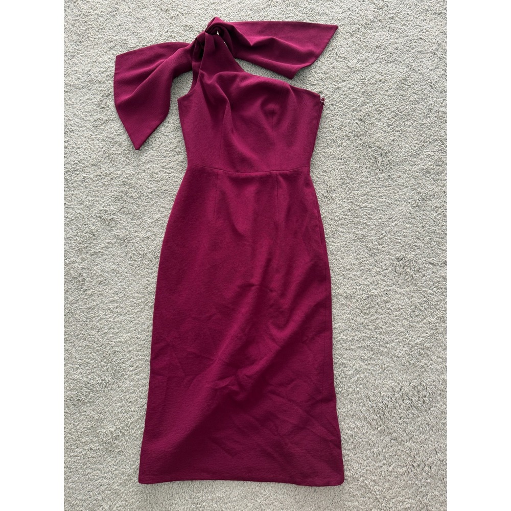 Dress The Population Midi Dress Womens XS Magenta One Shoulder Bow Cocktail